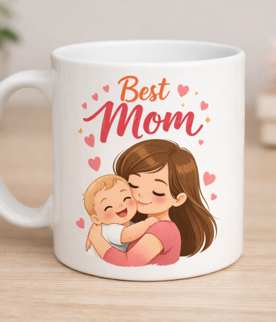 Best Mom printed mug featuring a cute illustration of a mother holding her baby, custom gift printing by Butina Studio UAE